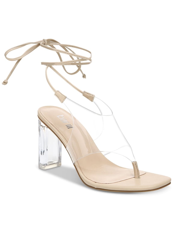 Womens Clear Tie Transparent Padded Ankle Strap Bimini Square Toe Block Heel Lace-Up Dress Heeled Thong Sandals 7.5 M
