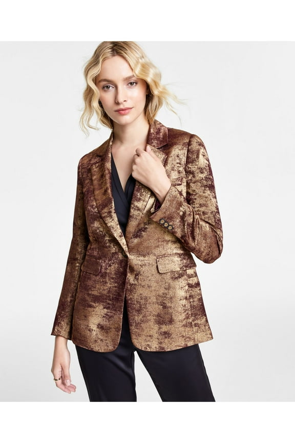 Womens Gold Metallic Pocketed Vented Lined Printed Wear To Work Blazer Jacket 10
