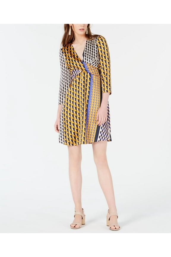 Womens Gold Twist Front Geometric 3/4 Sleeve V Neck Above The Knee Sheath Dress M