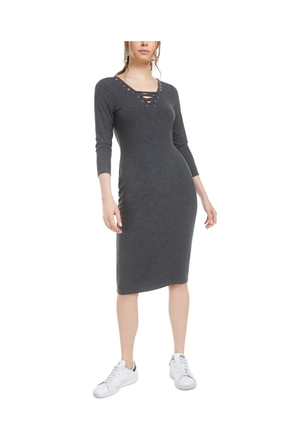 Womens Gray 3/4 Sleeve Tie Neck Below The Knee Body Con Dress Size: L