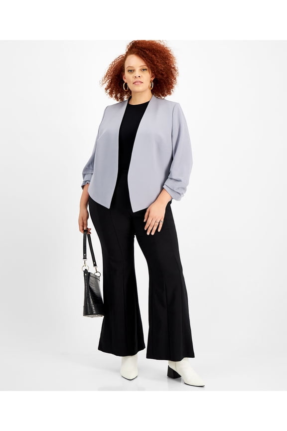 Womens Gray Open Front Ruched Textured 3/4 Sleeve Padded Wear To Work Jacket Plus 2X