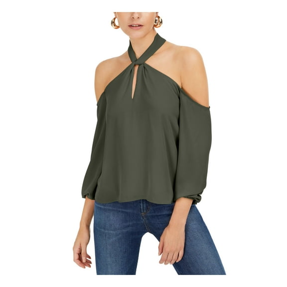 BAR III Womens Green Cold Shoulder Cold Shoulder Halter Long Sleeve Keyhole Crop Top M