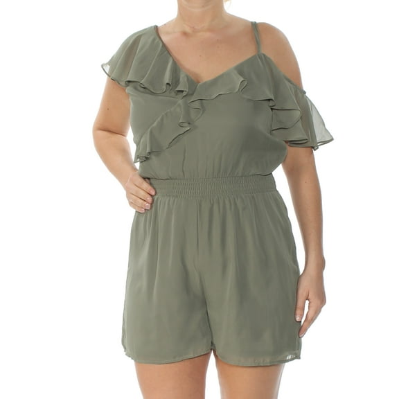 BAR III Womens Green Ruffled Sleeveless V Neck Romper L