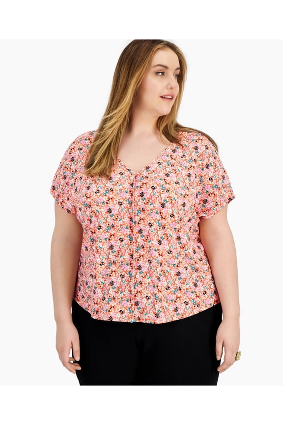 Womens Orange Floral Short Sleeve V Neck Wear To Work Top Plus 3X