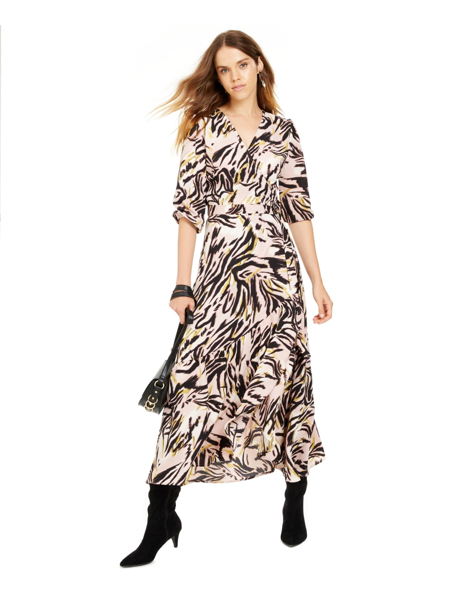 BAR III Womens Pink Animal Print 3/4 Sleeve V Neck Maxi Wrap Dress XXS