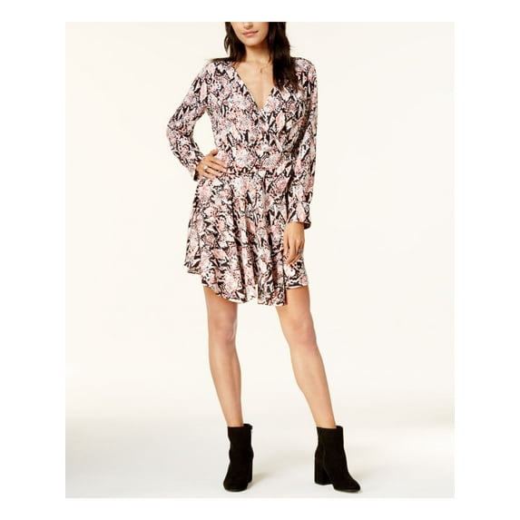 BAR III Womens Pink Ikat Long Sleeve Above The Knee Fit + Flare Dress Size: 2XS