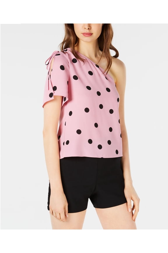 Womens Pink Polka Dot One Shoulder Asymmetrical Neckline Top L
