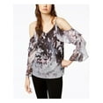 thumbnail image 1 of BAR III Womens Purple Cold Shoulder Ruffled Printed  V Neck  Top XS, 1 of 2