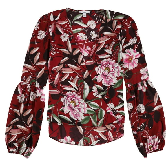 BAR III Womens Red Floral Print Long Sleeve V Neck Faux Wrap Casual Top XS