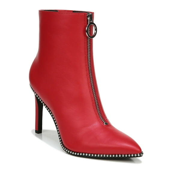 BAR III Womens Red Studded Ball Chain Front Zip Closure Ring Pull Cushioned Briget Pointed Toe Stiletto Zip-Up Booties 6.5 M