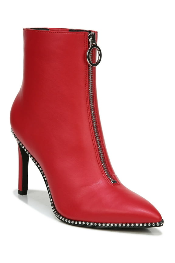 Womens Red Studded Ball Chain Front Zip Closure Ring Pull Cushioned Briget Pointed Toe Stiletto Zip-Up Booties 8.5 M