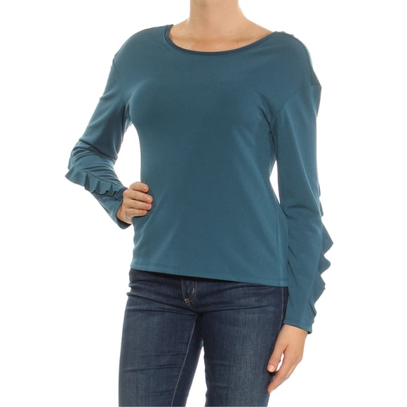 BAR III Womens Teal Ruffled Low Back Long Sleeve Jewel Neck Top M