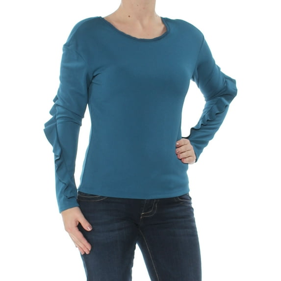 BAR III Womens Teal Ruffled Low Back Long Sleeve Jewel Neck Top Size: 2XS