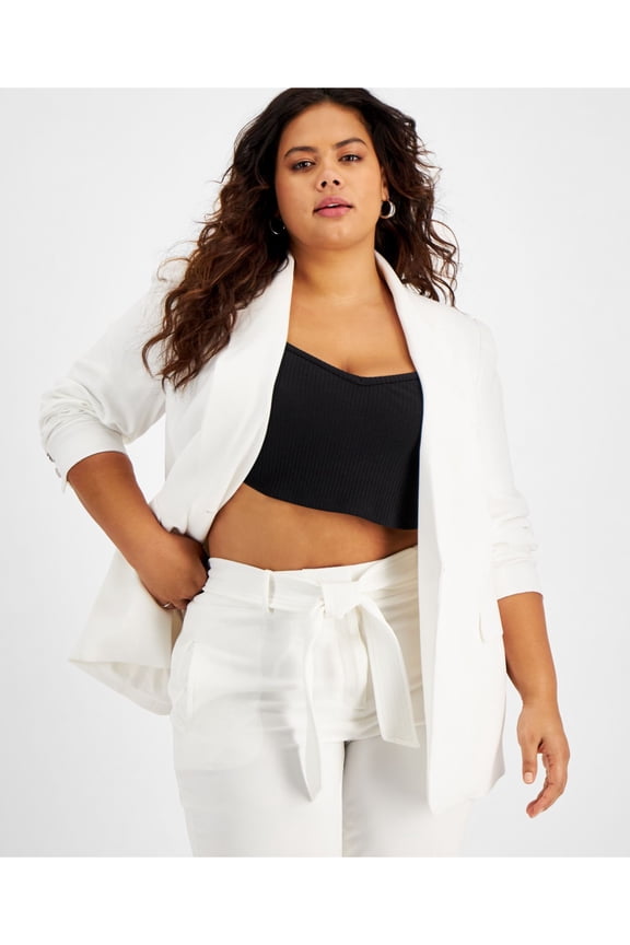 Womens White Pocketed Single Button Shoulder Pads Line Wear To Work Blazer Jacket Plus 2X