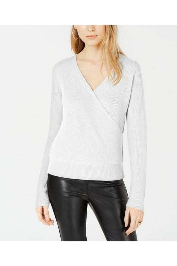 Womens White Surplice-neck Long Sleeve Off Shoulder Sweater L