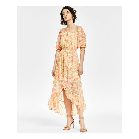 BAR III Womens Yellow Smocked Ruffled Sheer Lined Tie Belt Pullover Floral 3/4 Sleeve Off Shoulder Maxi Hi-Lo Dress XL