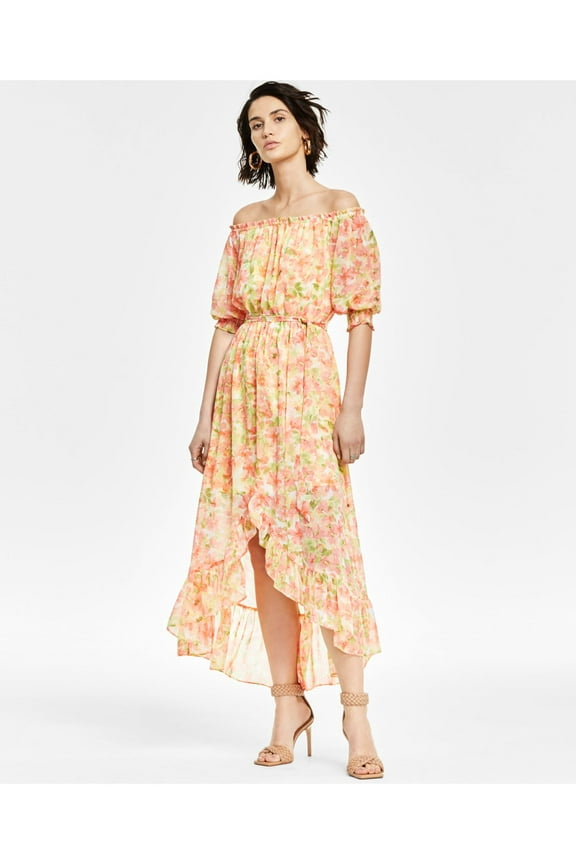 Womens Yellow Smocked Ruffled Sheer Lined Tie Belt Pullover Floral 3/4 Sleeve Off Shoulder Maxi Hi-Lo Dress XL