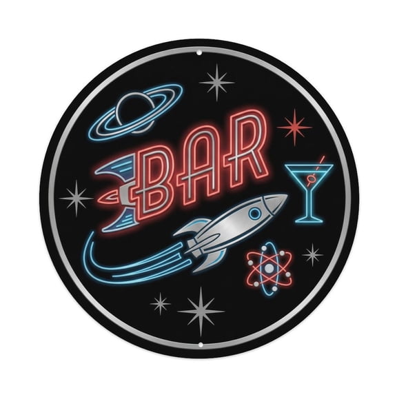 BAR Neon Rocket Emblem Vintage Metal Tin Sign Plaque Wall Decor for Cafe, Club, Garden Round Metal Poster 8x8Inch
