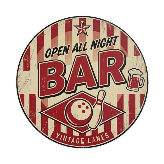 BAR Retro Bowling Emblem Vintage Metal Tin Sign Plaque Wall Decor for Cafe, Club, Garden Round Metal Poster 8x8Inch
