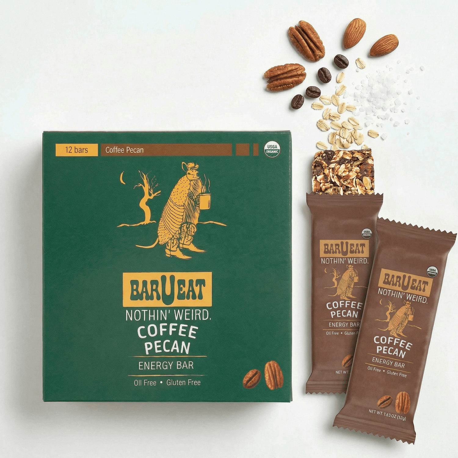 BAR-U-EAT Gluten-Free, Organic, Soft & Chewy Energy Bar. Whole Food Ingredients | Compostable Packaging | No Artificial Sugar | Healthy Snacks (Coffee Pecan 12 Pack)