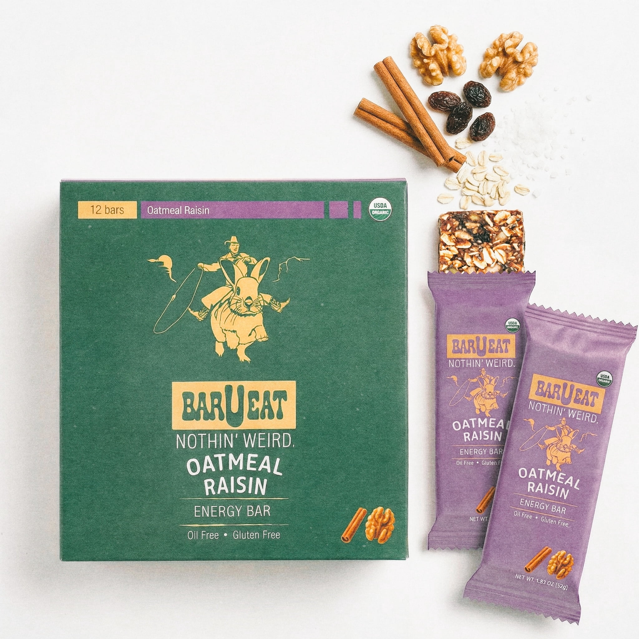 BAR-U-EAT Gluten-Free, Organic, Soft & Chewy Energy Bar. Whole Food Ingredients | Compostable Packaging | No Artificial Sugar | Healthy Snacks (Oatmeal Raisin 12 Pack)