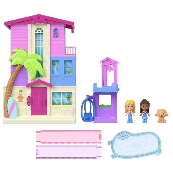 Polly Pocket Dreamhouse Compact Playset with Micro Barbie & Brooklyn Dolls, Puppy, Pool & Accessories