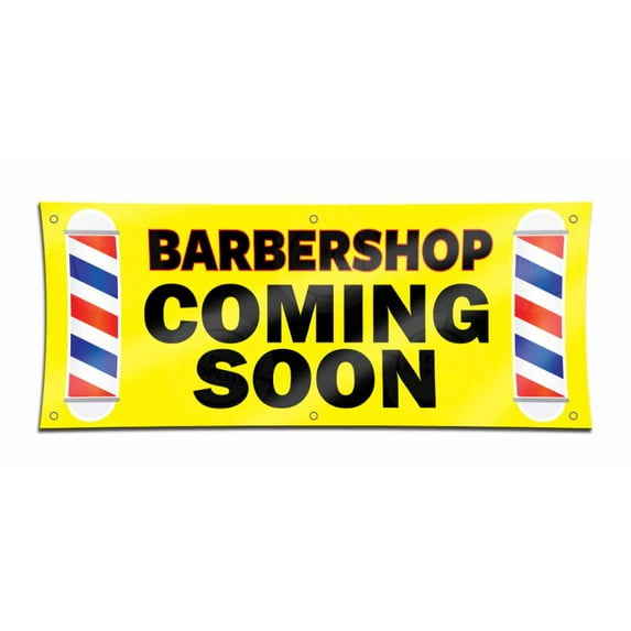 BARBERSHOP Coming Soon Banner (2ft X 5ft) Yellow Barber Vinyl Display Hair Salon Poster Lounge Open Sign