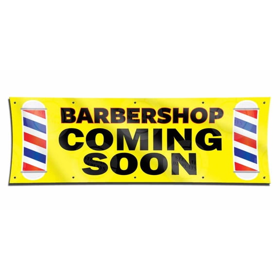 BARBERSHOP Coming Soon Banner (3ft X 9ft) Yellow Barber Vinyl Display Hair Salon Poster Lounge Open Sign