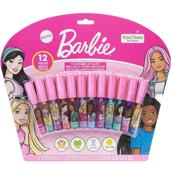 Barbie 12-Piece Lip Gloss Set for Kids, Flavored Non-Toxic Lip Gloss ...