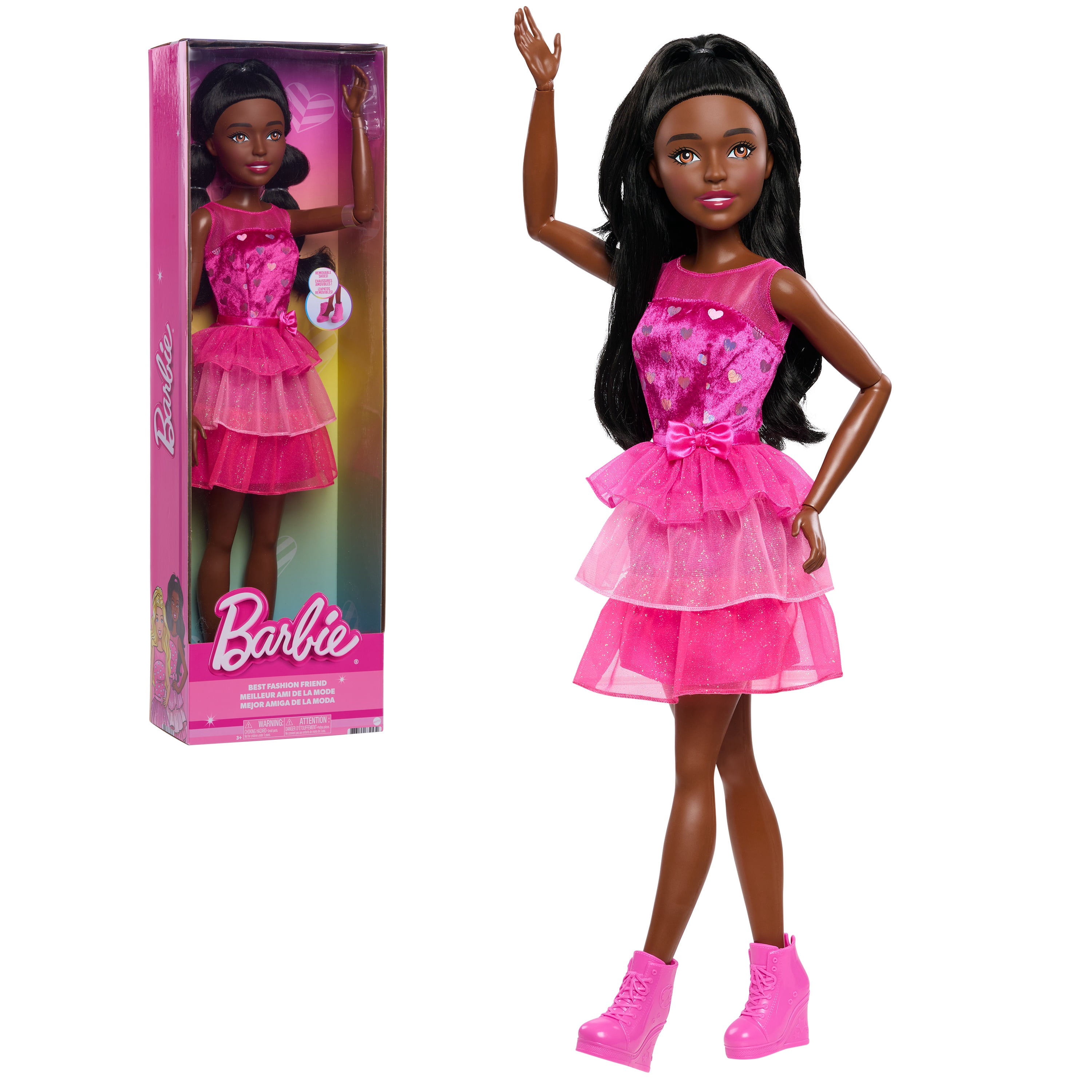 Barbie 28-Inch Fashion Doll, Large Brown-Haired Doll with Removable Shimmery Dress and Removable Shoes, Poseable Arms and Legs, and Brushable Hair, Toddler Toys, Ages 3 and up