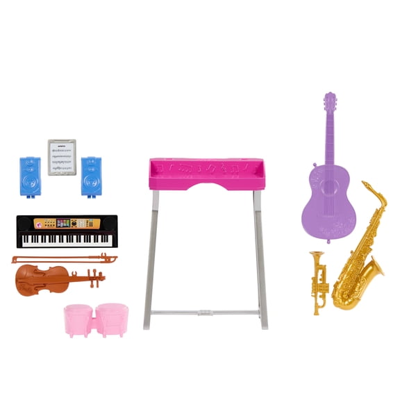 Barbie World Music Class Accessories with 6 Instruments, Keyboard Stand, Speakers and Sheet Music (Walmart Exclusive)