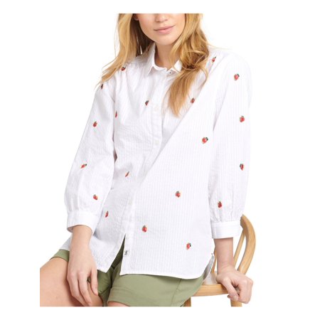 BARBOUR Womens White Textured Embroidered Cuffed Curved Hem Slitted Striped 3/4 Sleeve Collared Button Up Top 6
