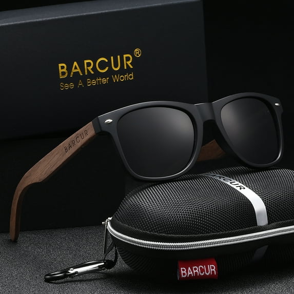 BARCUR Black Walnut Sunglasses Wood Polarized Sunglasses Men And Women Glasses UV400 Protection Eyewear Original Box, Best Gift for Father's Day