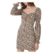BARDOT Womens Beige Zippered Smocked Bow At Front Neckline Floral Long Sleeve Sweetheart Neckline Mini Party Shift Dress 2