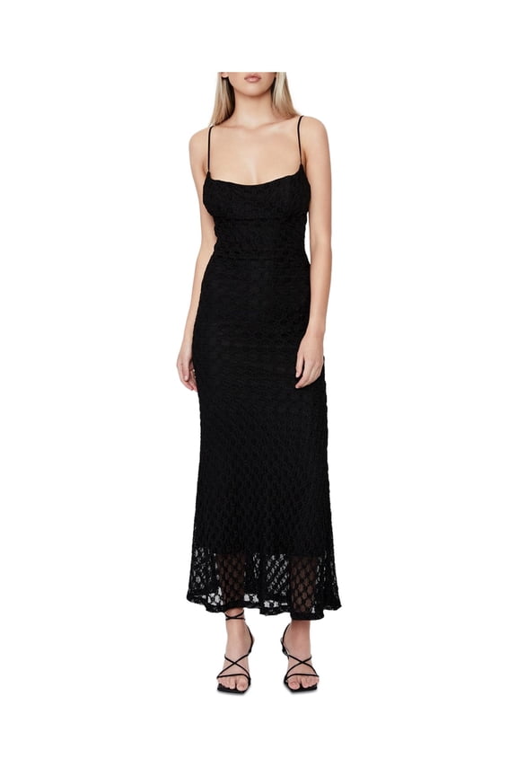 Womens Black Stretch Lined Adjustable Pull On Spaghetti Strap Scoop Neck Tea-Length Fit + Flare Dress 6