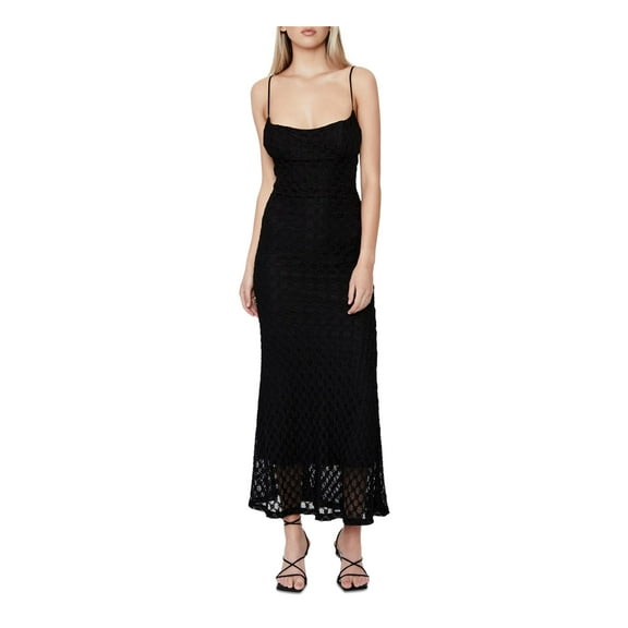 BARDOT Womens Black Stretch Lined Adjustable Pull On Spaghetti Strap Scoop Neck Tea-Length Fit + Flare Dress 8