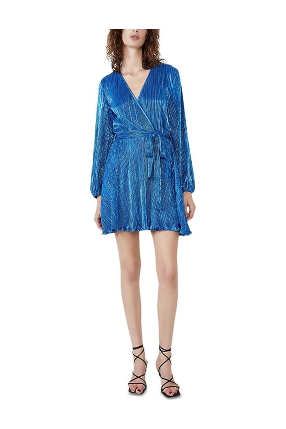 Womens Blue Belted Textured Ribbed Shimmer Metallic Long Sleeve Surplice Neckline Short Faux Wrap Dress 12