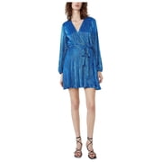 BARDOT Womens Blue Belted Textured Ribbed Shimmer Metallic Long Sleeve Surplice Neckline Short Faux Wrap Dress 12