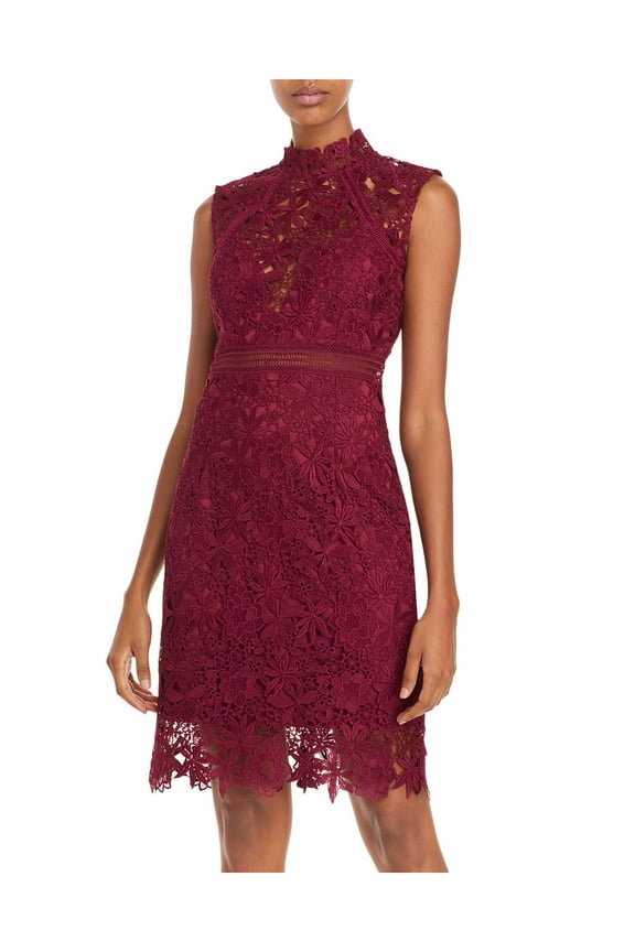 Womens Burgundy Lace Zippered Mock Neck Floral Sleeveless Short Cocktail Sheath Dress 4XS