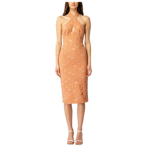 BARDOT Womens Orange Slitted Zippered Corset Boning Lined Lace Sleeveless Halter Below The Knee Evening Sheath Dress 8