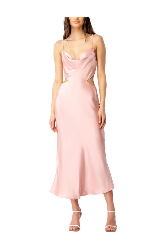 Womens Pink Zippered Cut Out Tie Back Closure Lined Spaghetti Strap Cowl Neck Midi Party Sheath Dress 8
