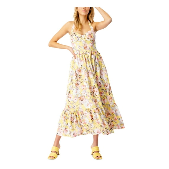 BARDOT Womens Yellow Tie Zippered Pleated Lined Textured Ruffled Floral Sleeveless Sweetheart Neckline Tea-Length A-Line Dress 6