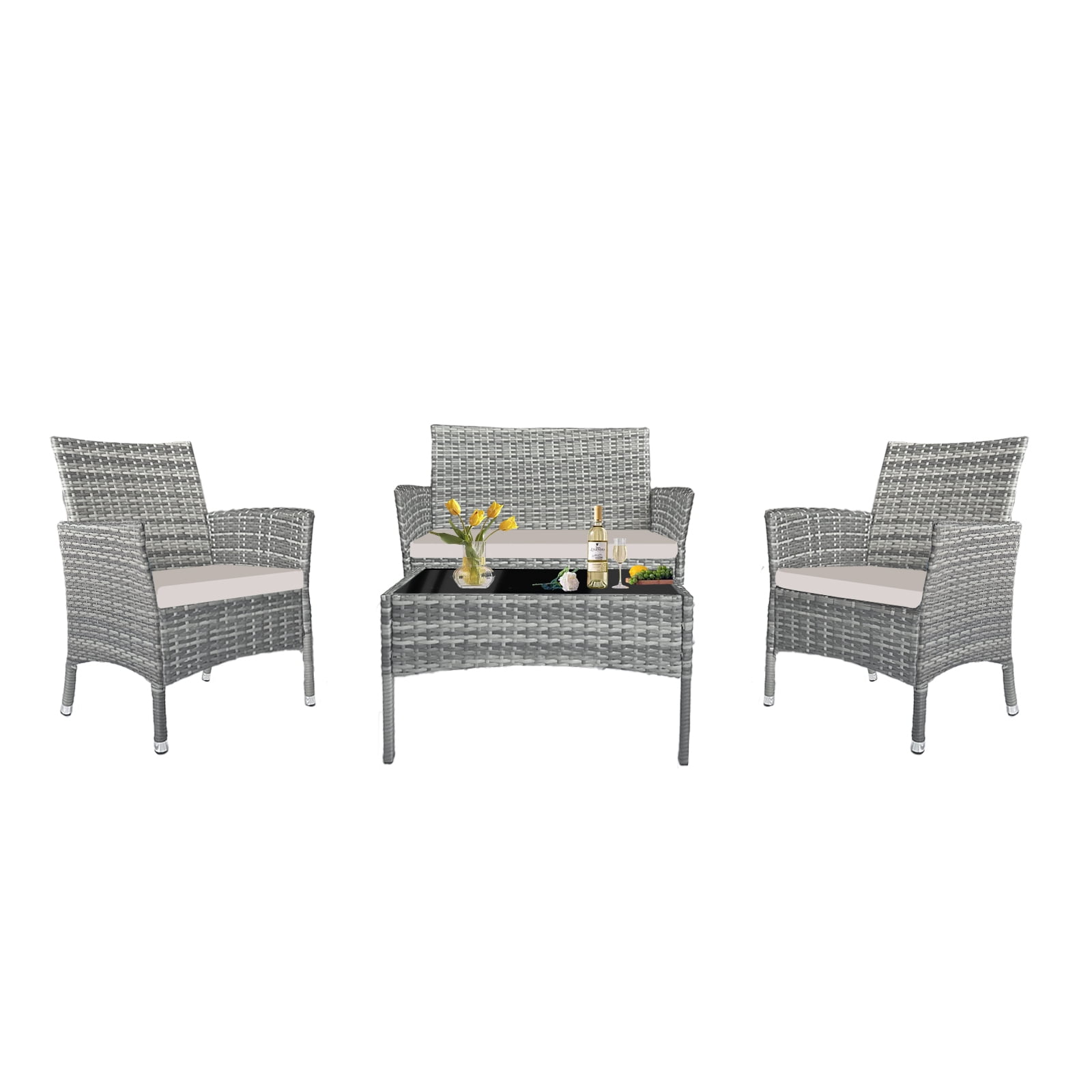 BARDY Patio Furniture Set 4 Pieces Outdoor Rattan Chair Wicker Sofa Garden Conversation Bistro Sets for Yard,Pool or Backyard(Grey rattan + grey cloth)