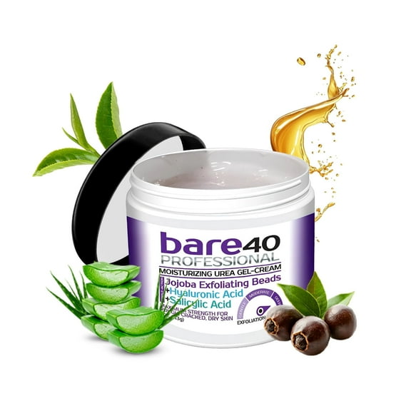 BARE 40 PRO, 40% Urea Gel w/ 2% Salicylic Acid and Hyaluronic Acid, Tea Tree Oil, Aloe Vera Extract, Jojoba Beads, 4oz Jar, Works on Corns, Calluses, Cracked Heels, Superior Hydration to Urea Creams