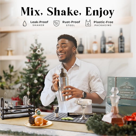 BAREĀ® Mixology Bartender Kit Bar Set| 14-Piece Cocktail Shaker Set| Martini Barware Mixing Tools for Home Bartending| 35 Recipe Cards| Gift Set (24oz Cobbler Shaker, Silver/Black)