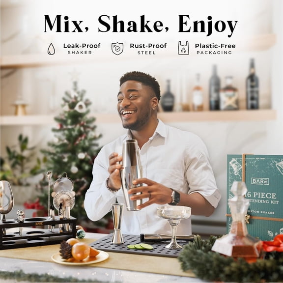 BARE ® Mixology Bartender Kit Bar Set | 16-Piece Cocktail Shaker Set | Martini Barware Mixing Tools for Home Bartending | Incl. 35 Recipe Cards | Gift Set (28oz Boston Shaker, Silver/Black)