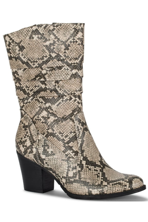 Womens Beige Animal Print Round Toe Stacked Heel Zip-Up Heeled Boots 5