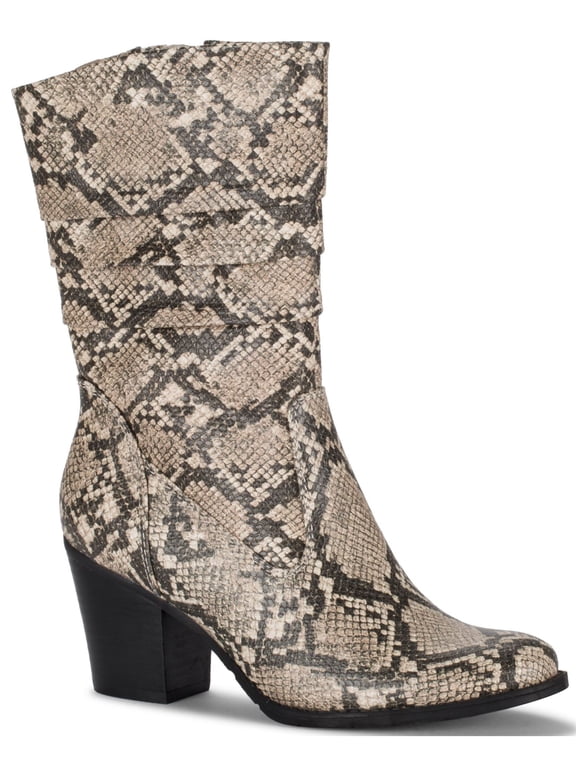 Womens Beige Animal Print Round Toe Stacked Heel Zip-Up Heeled Boots 6
