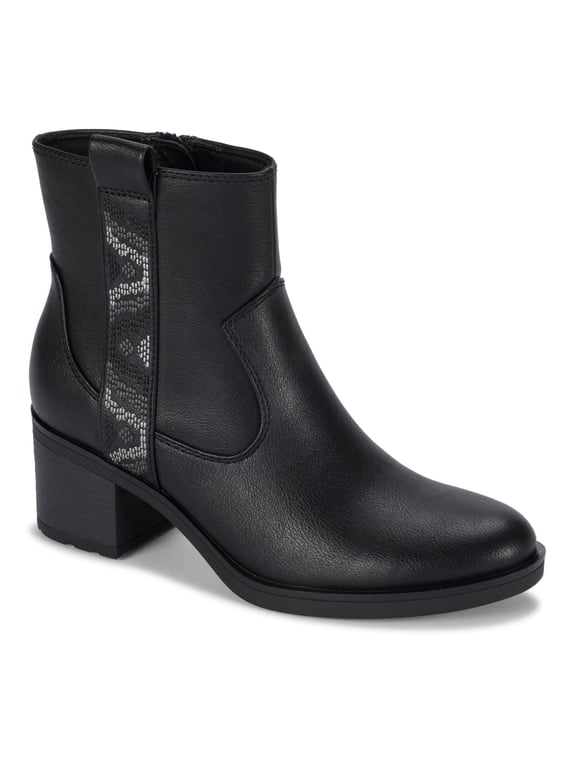 Womens Black Accent Stripe Side Pull-Tab Cushioned Covina Almond Toe Block Heel Zip-Up Booties 8 M