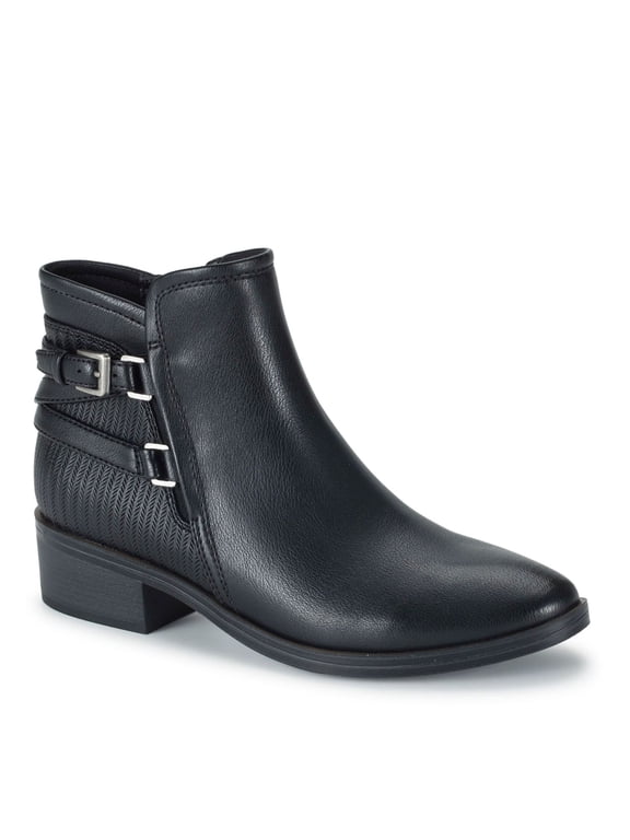 Womens Black Mixed Media Buckled Accent Straps Padded Mackenzie Almond Toe Block Heel Zip-Up Booties 5 M